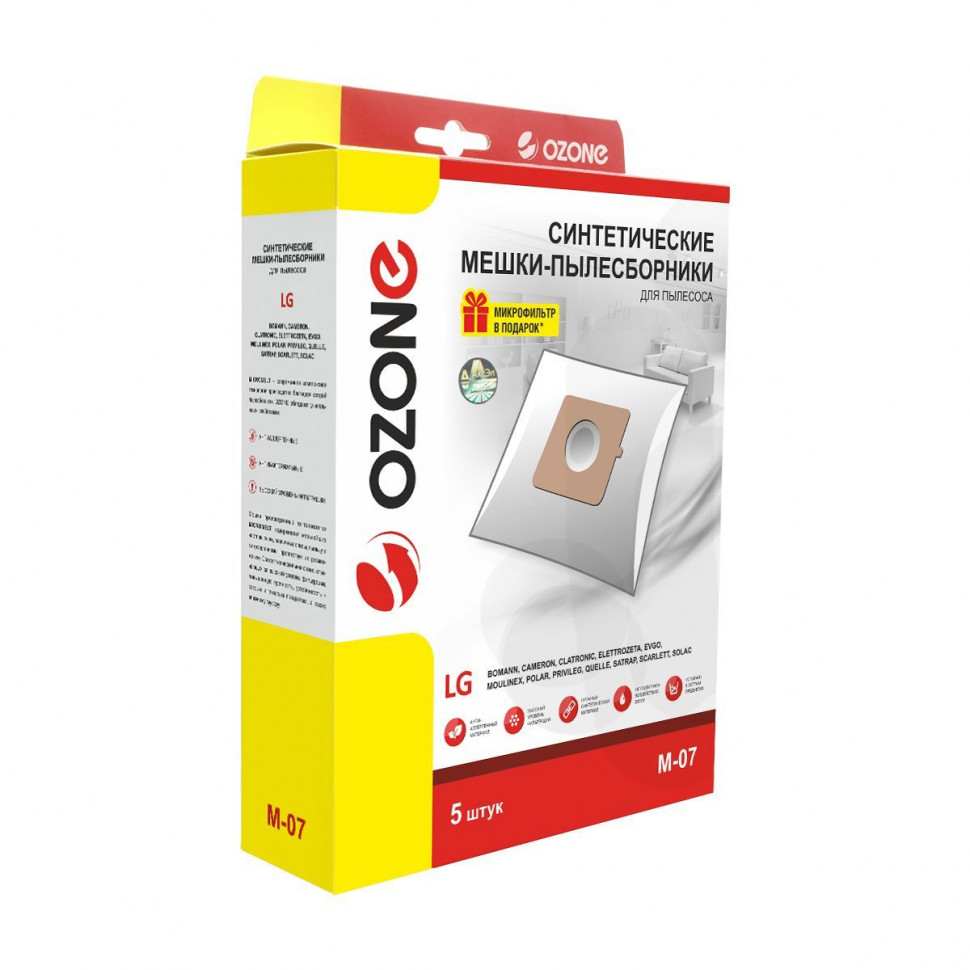Мешки-пылесборники для пылесосов LG, EVGO, Polar синтетические, 5 шт + микрофильтр, Ozone, M-07NZ